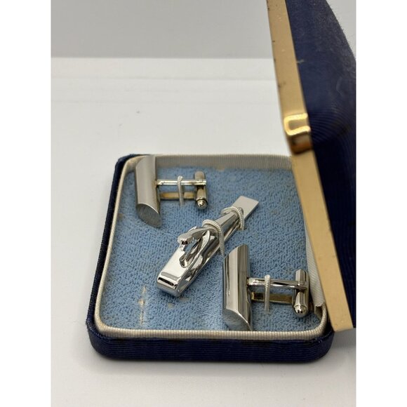 Mens Silver Polished Cuff Links and Tie Clip Vintage Classic - Picture 4 of 5
